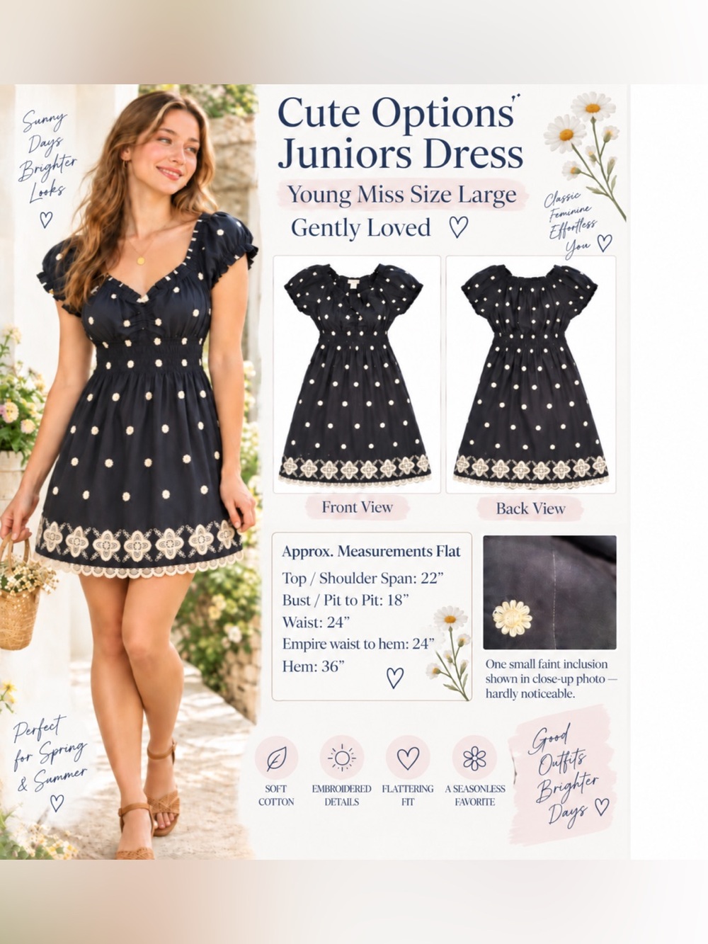 Vintage Juniors Y2K Cute Options Black with beige Floral-Embroidered Sundress